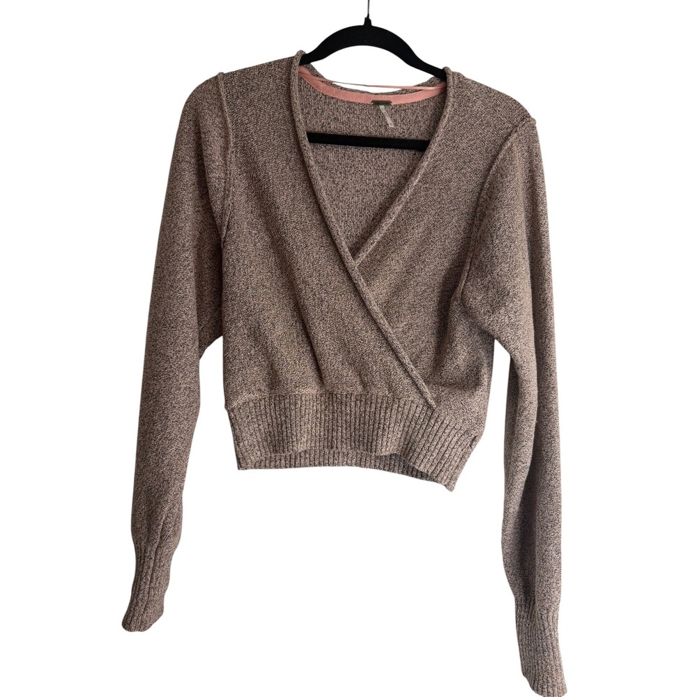 Free People Brown Marled Metallic Cropped Wrap Sweater XS Long Sleeve V-Neck